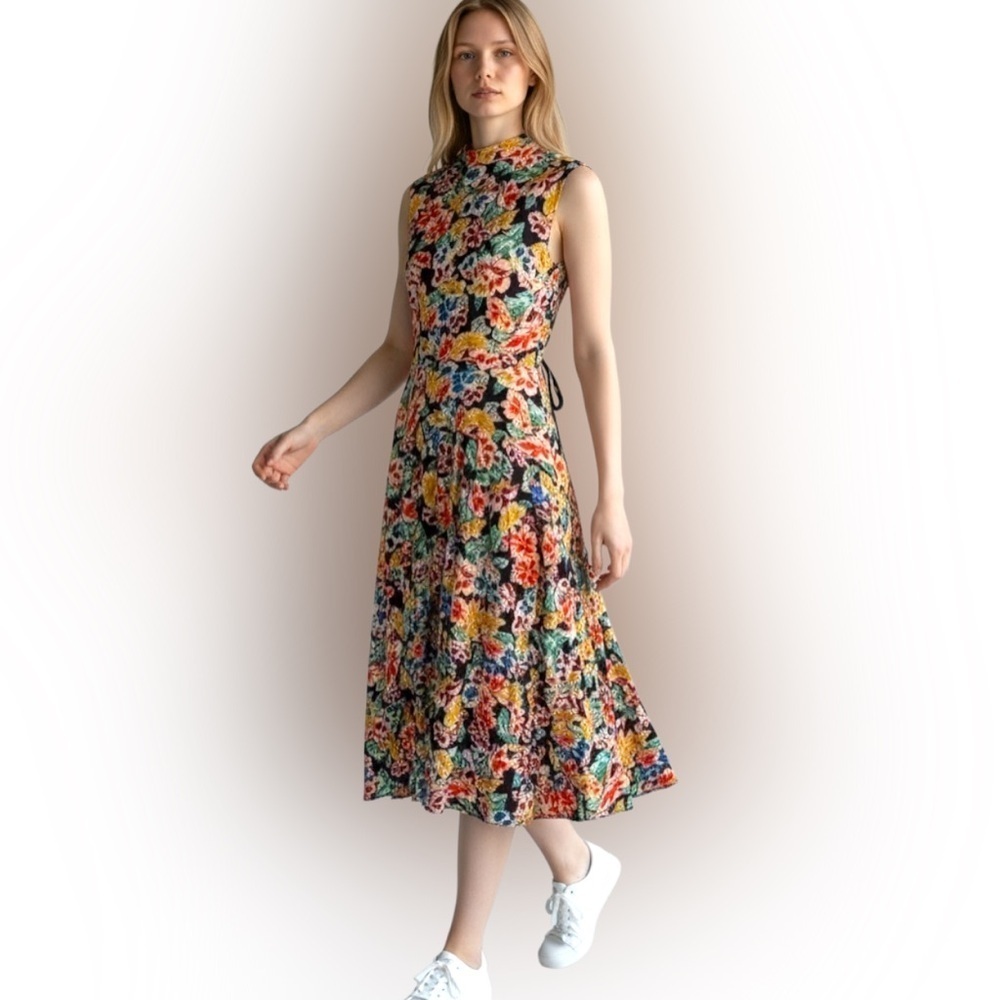 Zara fit and flare dress w high collar  and back tie. Raw hem. Gorgeous colors.